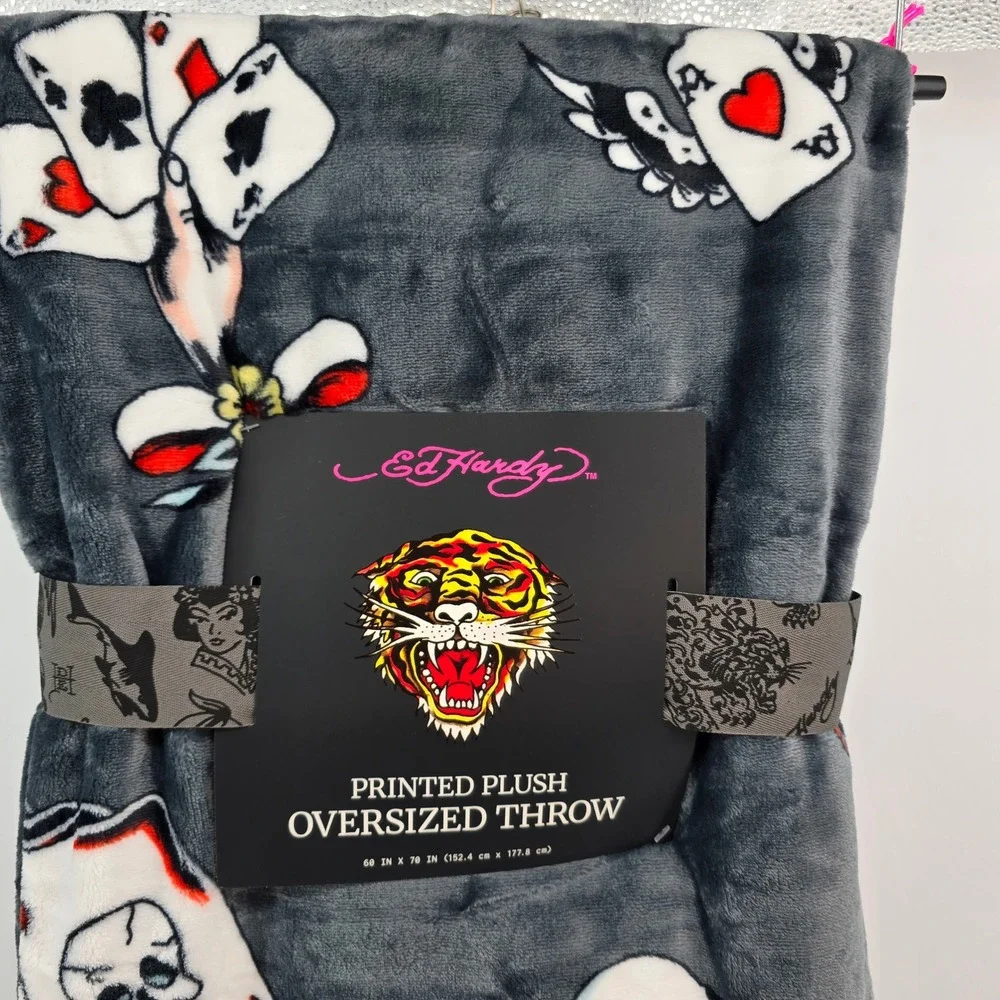 Ed Hardy Printed Plush Oversized Throw Blanket Grey Tattoo Skull Tiger 60x70 NEW